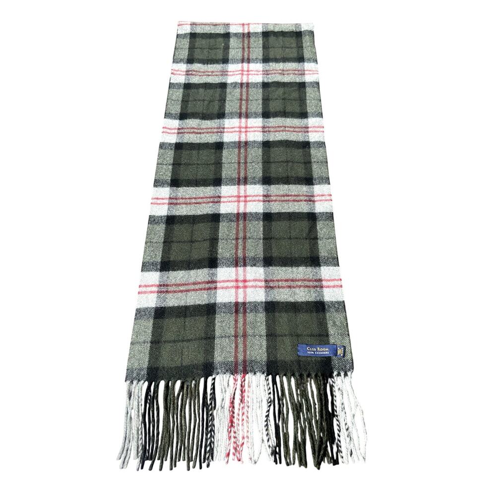 100% Cashmere Scarf Gray Green Red Plaid 68x12 Fringe Soft Warm